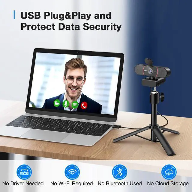 Alt view image 7 of 7 - KEHIPI C960 4K Webcam with Tripod, 4K UHD Sony Sensor, 3 Adjustable Height Mini Tripod w/Privacy Cover, PDAF Auto Focus, Dual Noise-Cancelling Mics, Auto Light Correction, Perfect for Online Meetings