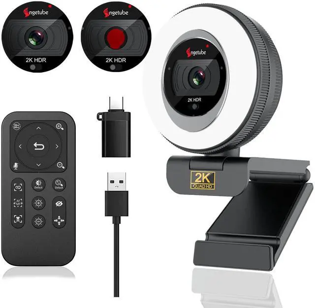 Main image of Webcam, 2K Streaming Webcam with Ring Light, HDR Laptop Camera with Remote, Dual Stereo Microphone and Privacy Cover, Auto Focus 5X Zoom in, Computer Camera for Zoom/Skype/Teams/Webex
