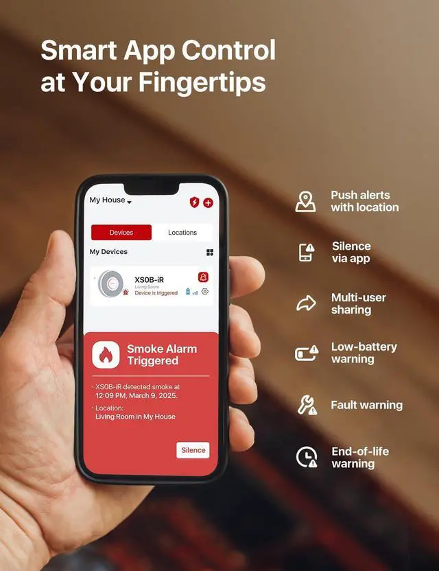 Alt view image 7 of 7 - Smart Wi-Fi Smoke Detector with Voice Alerts and 17 Locations, Fire Alarm, Fire Detector, 1.3 in (33 mm) Thick, XS0B-iR, 3 Pack