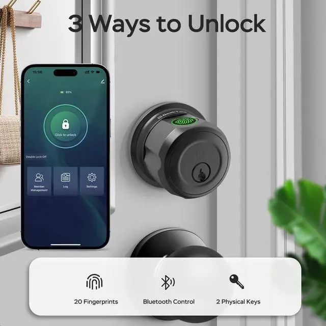 Alt view image 2 of 7 - Smart Deadbolt Lock with Passage Door Knob, Fingerprint Deadbolt with App, Twist to Lock & Unlock, Keyless Entry for Front Door