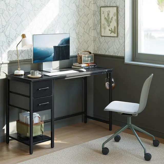 Alt view image 2 of 7 - Computer Desk with 2 Drawers, 47 Inch Small Home Office Desk with Storage Study Writing Table, Modern Black
