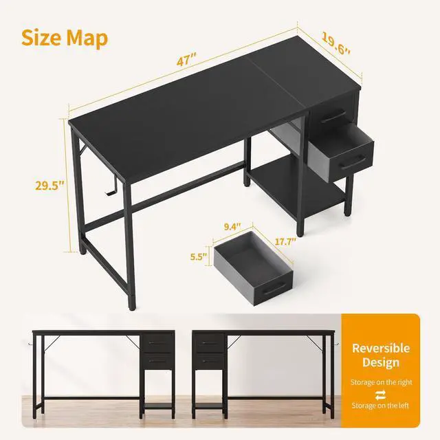 Alt view image 3 of 7 - Computer Desk with 2 Drawers, 47 Inch Small Home Office Desk with Storage Study Writing Table, Modern Black