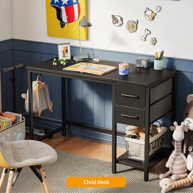 Alt view image 7 of 7 - Computer Desk with 2 Drawers, 47 Inch Small Home Office Desk with Storage Study Writing Table, Modern Black