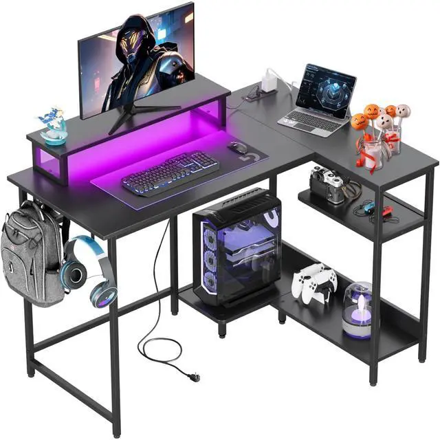 Main image of 47 Inch L Shaped Gaming Desk with LED Lights & Power Outlets, Corner Desk for Small Spaces, Sturdy PC Computer Table with Storage for Home Office, Black