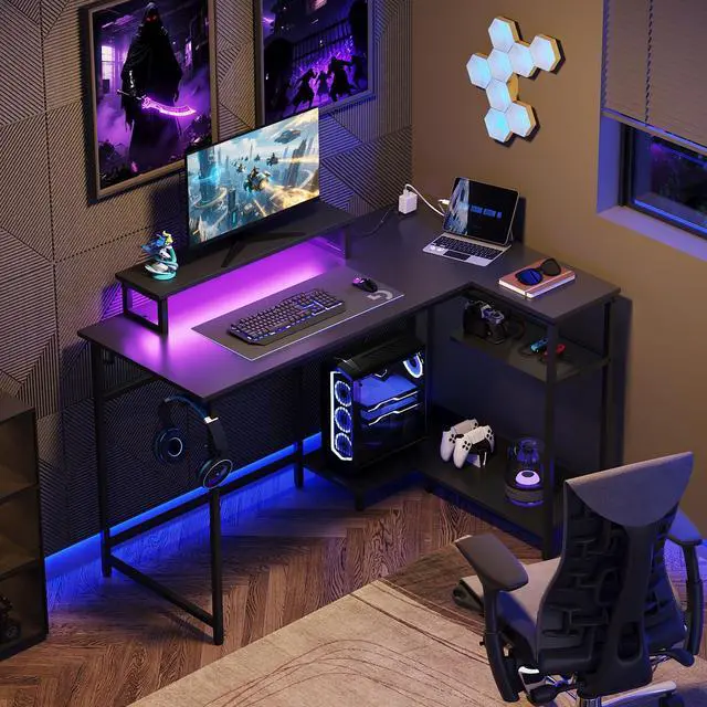 Alt view image 2 of 7 - 47 Inch L Shaped Gaming Desk with LED Lights & Power Outlets, Corner Desk for Small Spaces, Sturdy PC Computer Table with Storage for Home Office, Black