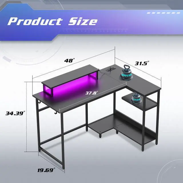 Alt view image 3 of 7 - 47 Inch L Shaped Gaming Desk with LED Lights & Power Outlets, Corner Desk for Small Spaces, Sturdy PC Computer Table with Storage for Home Office, Black