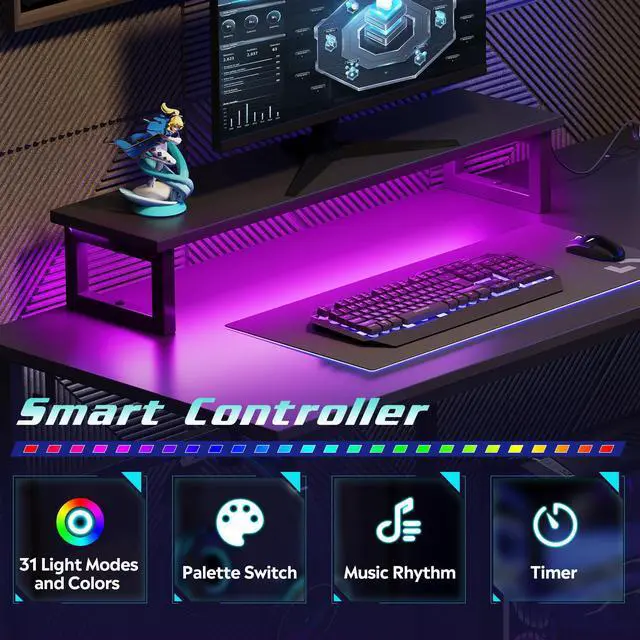 Alt view image 4 of 7 - 47 Inch L Shaped Gaming Desk with LED Lights & Power Outlets, Corner Desk for Small Spaces, Sturdy PC Computer Table with Storage for Home Office, Black