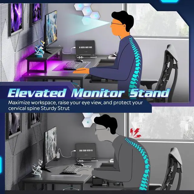 Alt view image 6 of 7 - 47 Inch L Shaped Gaming Desk with LED Lights & Power Outlets, Corner Desk for Small Spaces, Sturdy PC Computer Table with Storage for Home Office, Black