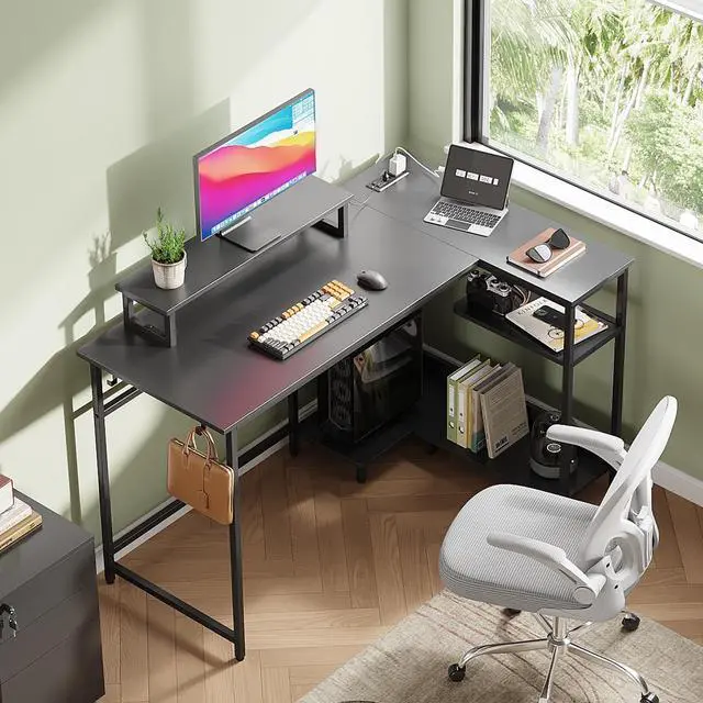 Alt view image 7 of 7 - 47 Inch L Shaped Gaming Desk with LED Lights & Power Outlets, Corner Desk for Small Spaces, Sturdy PC Computer Table with Storage for Home Office, Black