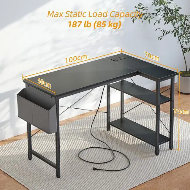 Alt view image 2 of 7 - Small L Shaped Computer Gaming Corner Desk with Power Outlets, Reversible Shelves for Study, Writing Table for Home, Office, Bedroom, Living Room, 40 inches, Black