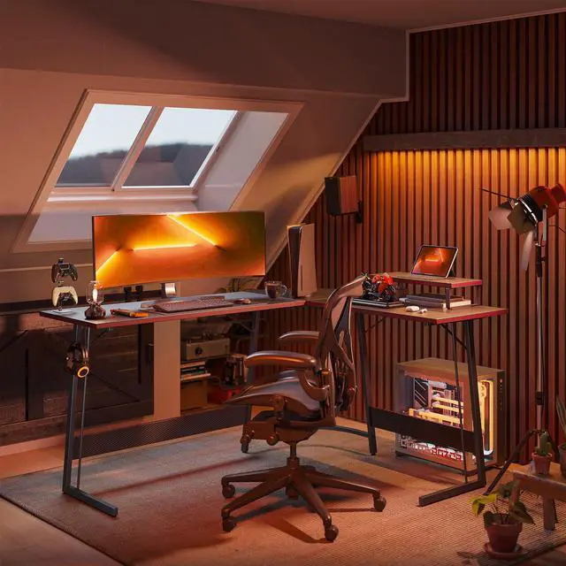 Alt view image 4 of 7 - L Shaped Gaming Desk Computer Office Desk with Carbon Fiber Surface, 47 inch Corner Desk with Large Monitor Stand for Home Office Study Writing Workstation, Carbon Fiber Black