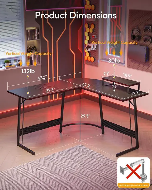 Alt view image 3 of 7 - L Shaped Gaming Desk Computer Office Desk with Carbon Fiber Surface, 47 inch Corner Desk with Large Monitor Stand for Home Office Study Writing Workstation, Carbon Fiber Black