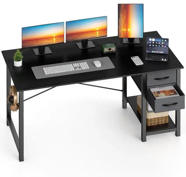Main image of 48 Inch Computer Desk with Drawers for Home Office, Writing Desk with X-Shaped Reinforcement, Wood Table with Adjustable Position Drawers, Modern Study Work Table with Side Hook, Black