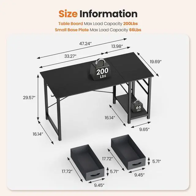 Alt view image 2 of 6 - 48 Inch Computer Desk with Drawers for Home Office, Writing Desk with X-Shaped Reinforcement, Wood Table with Adjustable Position Drawers, Modern Study Work Table with Side Hook, Black