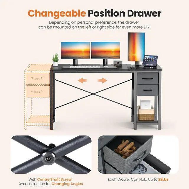 Alt view image 4 of 6 - 48 Inch Computer Desk with Drawers for Home Office, Writing Desk with X-Shaped Reinforcement, Wood Table with Adjustable Position Drawers, Modern Study Work Table with Side Hook, Black