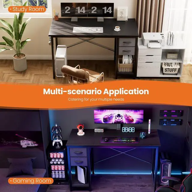 Alt view image 6 of 6 - 48 Inch Computer Desk with Drawers for Home Office, Writing Desk with X-Shaped Reinforcement, Wood Table with Adjustable Position Drawers, Modern Study Work Table with Side Hook, Black