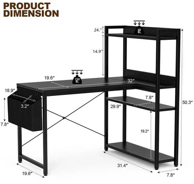 Alt view image 3 of 7 - 40 Inch L Shaped Computer Desk with Reversible Storage Shelves, Home Office Corner Desk Study Writing Table with Hutch, Study, Black