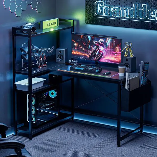 Alt view image 7 of 7 - 40 Inch L Shaped Computer Desk with Reversible Storage Shelves, Home Office Corner Desk Study Writing Table with Hutch, Study, Black