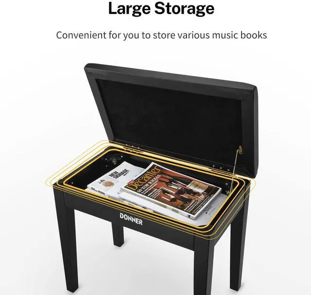 Alt view image 2 of 7 - Piano Bench with Storage, Solid Wood Keyboard Bench Piano Bookcase Stool Chair Seat with High-Density Sponges Pad, Black