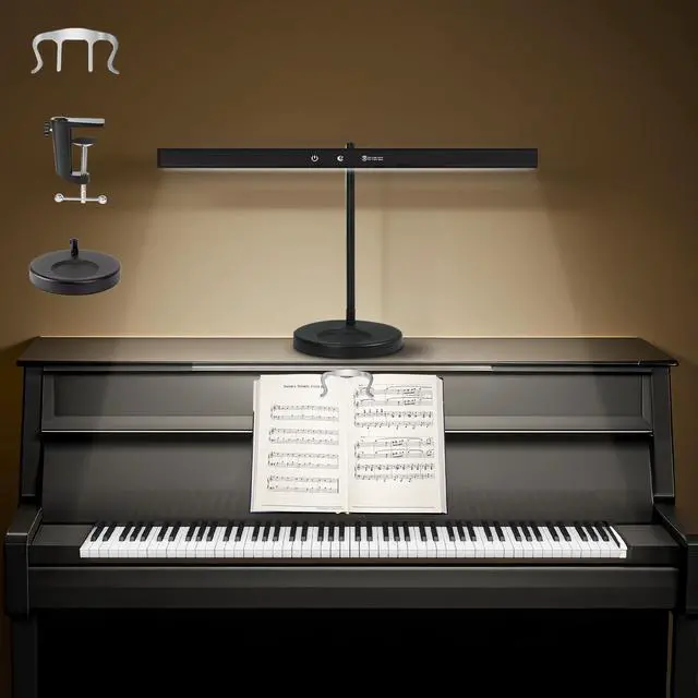 Main image of 17" Dimmable LED Piano Light, 2-in-1 Clamp Base Piano Lamp with Metal Music Book Clip & Flexible Gooseneck, 3 Colors Modes, Adjustable Height & Direction for Grand/Upright/Digital Pianos Black