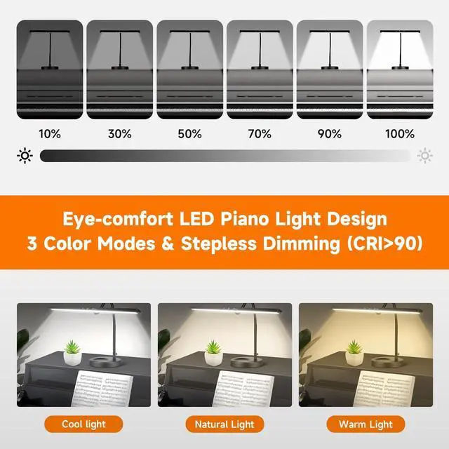 Alt view image 2 of 7 - 17" Dimmable LED Piano Light, 2-in-1 Clamp Base Piano Lamp with Metal Music Book Clip & Flexible Gooseneck, 3 Colors Modes, Adjustable Height & Direction for Grand/Upright/Digital Pianos Black