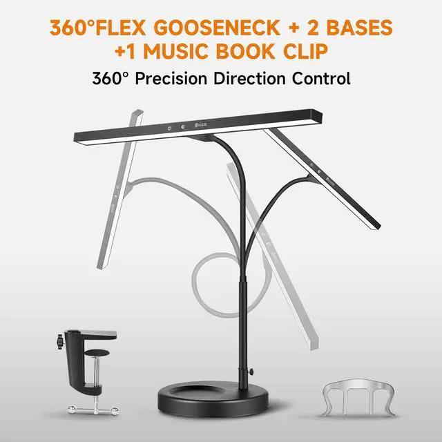 Alt view image 3 of 7 - 17" Dimmable LED Piano Light, 2-in-1 Clamp Base Piano Lamp with Metal Music Book Clip & Flexible Gooseneck, 3 Colors Modes, Adjustable Height & Direction for Grand/Upright/Digital Pianos Black