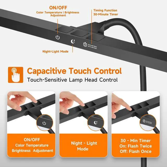 Alt view image 4 of 7 - 17" Dimmable LED Piano Light, 2-in-1 Clamp Base Piano Lamp with Metal Music Book Clip & Flexible Gooseneck, 3 Colors Modes, Adjustable Height & Direction for Grand/Upright/Digital Pianos Black