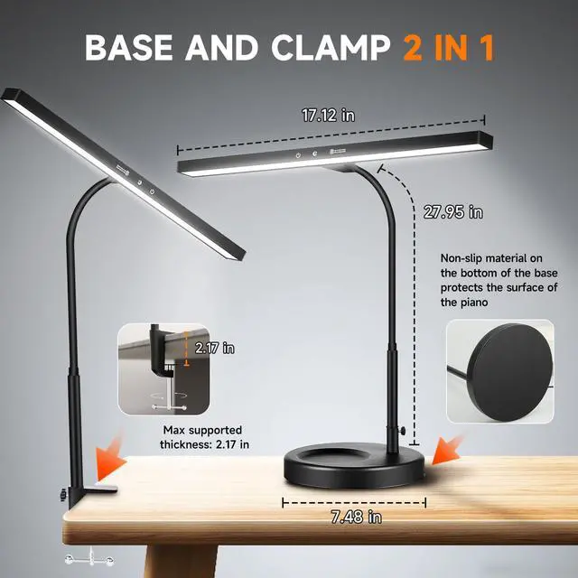 Alt view image 7 of 7 - 17" Dimmable LED Piano Light, 2-in-1 Clamp Base Piano Lamp with Metal Music Book Clip & Flexible Gooseneck, 3 Colors Modes, Adjustable Height & Direction for Grand/Upright/Digital Pianos Black