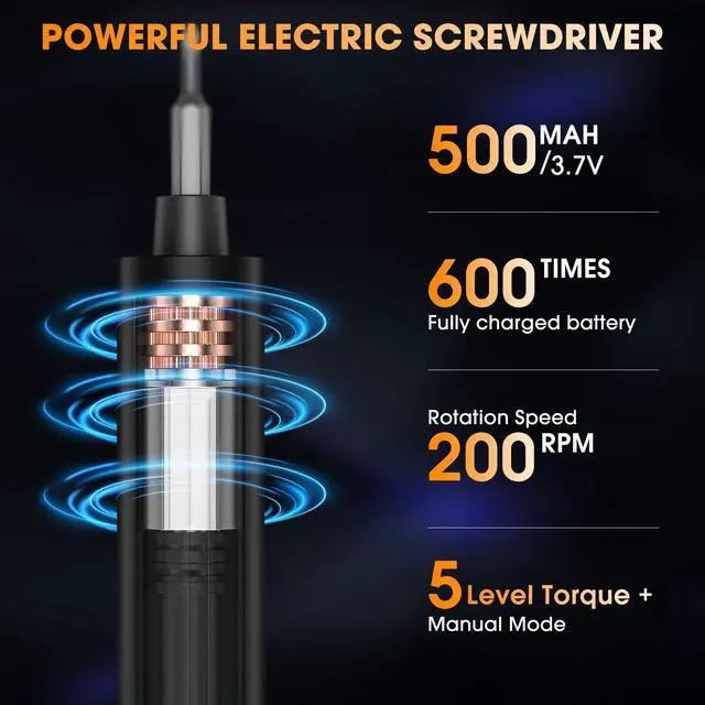 Alt view image 4 of 7 - 3.7V Mini Electric Screwdriver,50 in 1 Precision Screwdriver Set,Small Repair Tool Kit with 5 Torque,500mAh Battery,OLED Display,4 LED Lights for Electronics Computer,Phone,Camer,Eyeglass,Watch