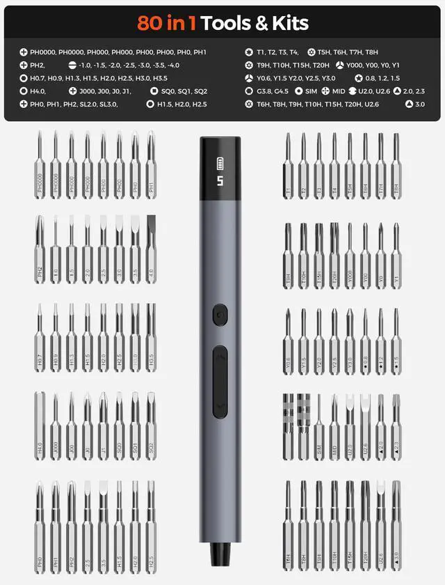 Alt view image 5 of 7 - Electric Screwdriver Set, 80-in-1 Mini Electric Precision Screwdriver Cordless with 5 Torque Levels, Max 0.75N.m, 500mAh Battery, Small Power Screwdriver Kit for Laptop, Phone & Electronics Repair
