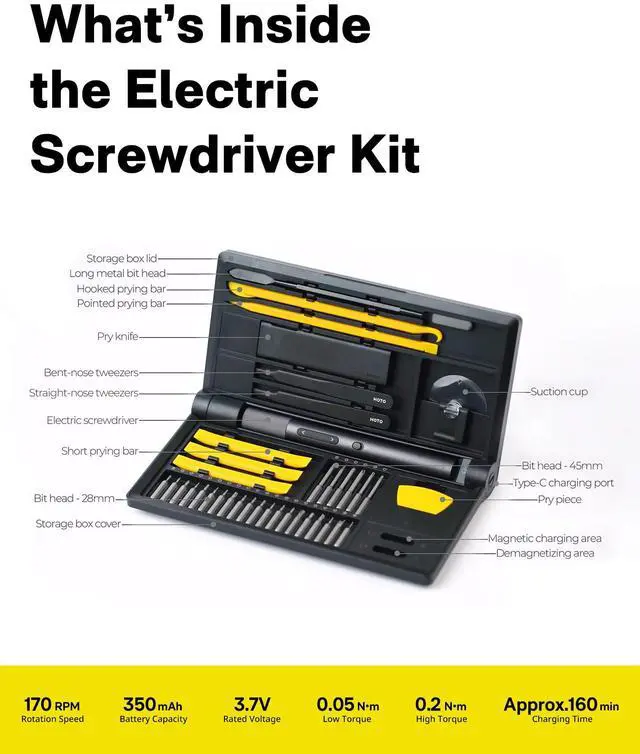 Alt view image 2 of 7 - Precision Screwdriver Set, 110° Upright Workpad, Mini Electric Screwdriver with Charging Dock, 0.05/0.2 N·m Torque, LED Light, 26 Bits and 10 Repair Tools for Electronics, Phones, Laptops