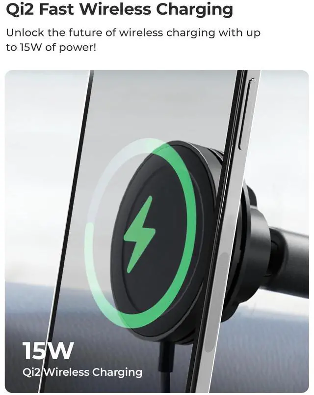 Alt view image 2 of 7 - Velox Qi2 Mini 15W Wireless Charger Car Mount - Dash & Windshield Car Phone Holder - MagSafe Compatible iPhone Mount for Qi2 Smartphones (iPhone 12, 13, 14, 15, and 16) - Car Charger Included