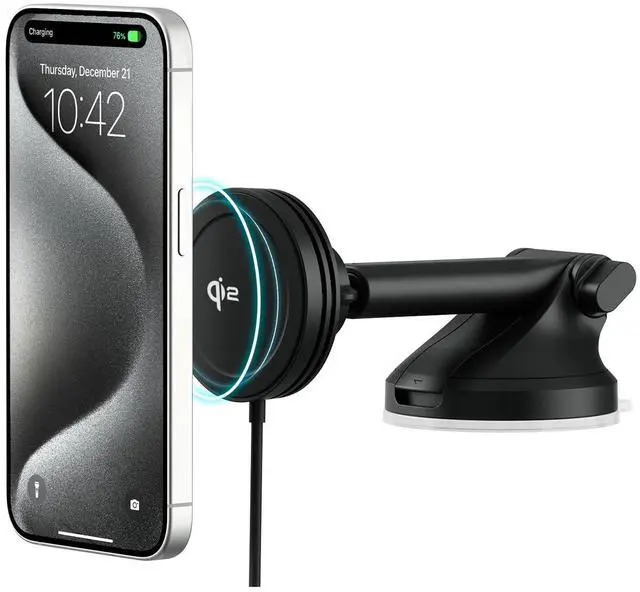Main image of Velox Qi2 Mini 15W Wireless Charger Car Mount - Dash & Windshield Car Phone Holder - MagSafe Compatible iPhone Mount for Qi2 Smartphones (iPhone 12, 13, 14, 15, and 16) - Car Charger Included