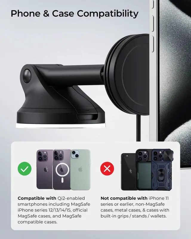 Alt view image 3 of 7 - Velox Qi2 Mini 15W Wireless Charger Car Mount - Dash & Windshield Car Phone Holder - MagSafe Compatible iPhone Mount for Qi2 Smartphones (iPhone 12, 13, 14, 15, and 16) - Car Charger Included