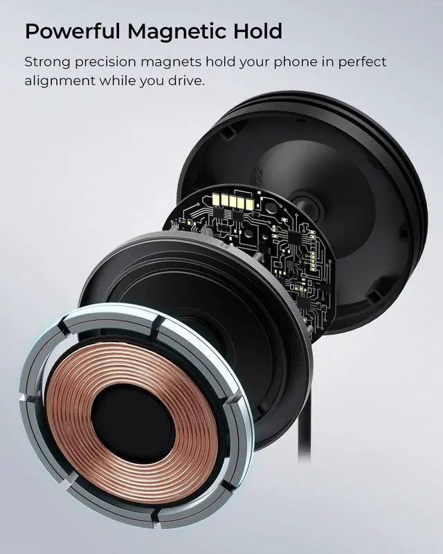 Alt view image 7 of 7 - Velox Qi2 Mini 15W Wireless Charger Car Mount - Dash & Windshield Car Phone Holder - MagSafe Compatible iPhone Mount for Qi2 Smartphones (iPhone 12, 13, 14, 15, and 16) - Car Charger Included