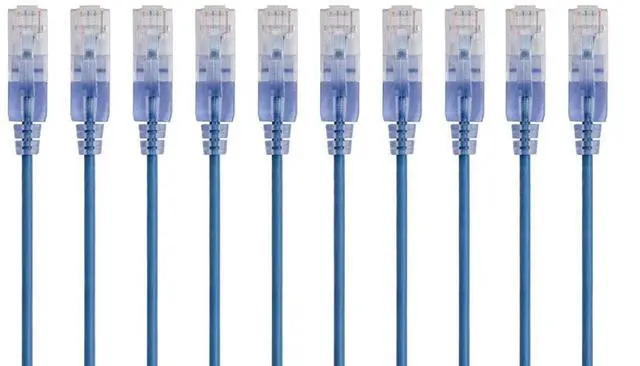 Main image of Cat6A 25ft Blue 10-Pk Patch Cable UTP 30AWG 10G Pure Bare Copper Snagless RJ45 SlimRun Series Ethernet Cable