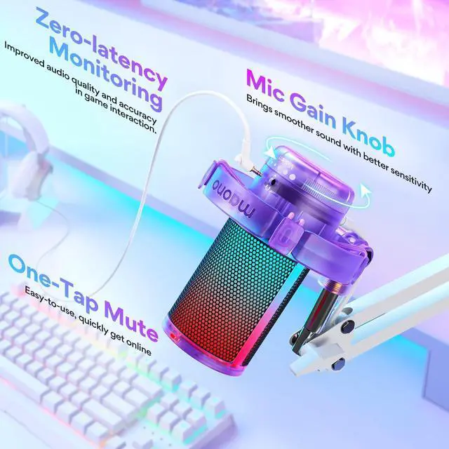 Alt view image 4 of 7 - USB Gaming Microphone with Noise Cancellation, RGB Condenser Microphone for Streaming, Podcasts, Twitch, YouTube, Discord, PC, Computer, Mac, PS4, PS5, DGM20S Purple
