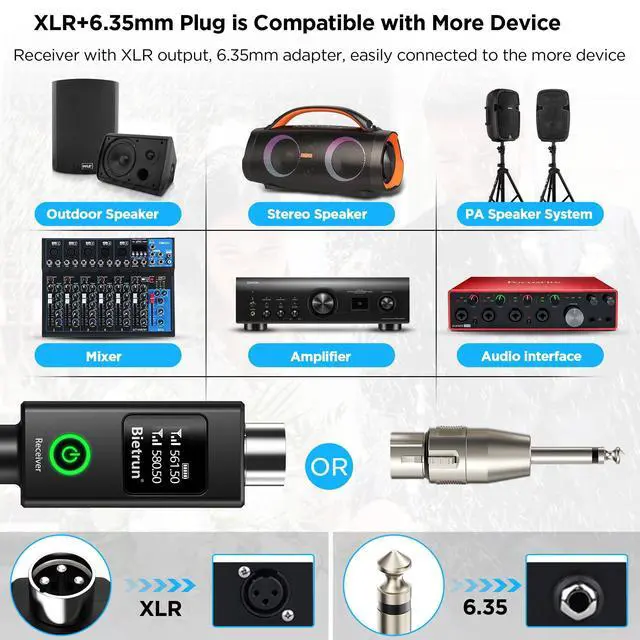 Alt view image 2 of 7 - XLR Wireless Microphone, UHF Dual Handheld Dynamic Metal Mic Set with Rechargeable Receiver, XLR to 1/4'' Adapter, for Karaoke, Church, Wedding, Party Singing(160 ft Range)(Auto Connect)