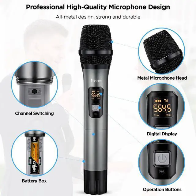 Alt view image 4 of 7 - XLR Wireless Microphone, UHF Dual Handheld Dynamic Metal Mic Set with Rechargeable Receiver, XLR to 1/4'' Adapter, for Karaoke, Church, Wedding, Party Singing(160 ft Range)(Auto Connect)