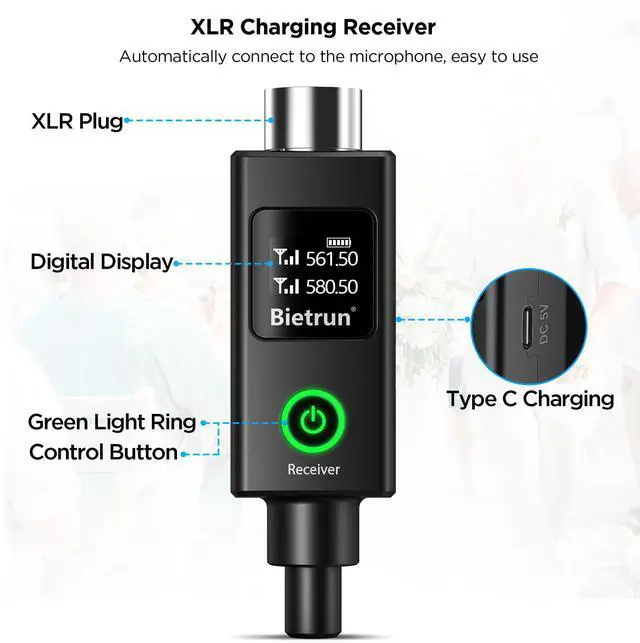 Alt view image 5 of 7 - XLR Wireless Microphone, UHF Dual Handheld Dynamic Metal Mic Set with Rechargeable Receiver, XLR to 1/4'' Adapter, for Karaoke, Church, Wedding, Party Singing(160 ft Range)(Auto Connect)