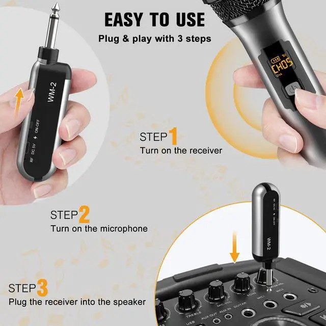 Alt view image 4 of 7 - Wireless Microphone, UHF Cordless Dual Handheld Dynamic Mic Set with Rechargeable Receiver, for Karaoke Party, Voice Amplifier, PA System, Singing Machine, Church, Wedding, Meeting, 200ft (WM-2)