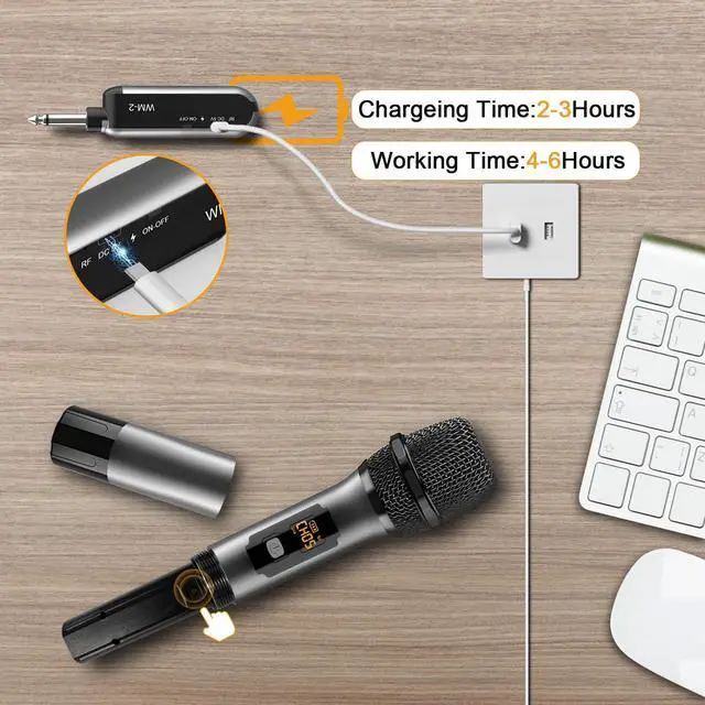 Alt view image 5 of 7 - Wireless Microphone, UHF Cordless Dual Handheld Dynamic Mic Set with Rechargeable Receiver, for Karaoke Party, Voice Amplifier, PA System, Singing Machine, Church, Wedding, Meeting, 200ft (WM-2)