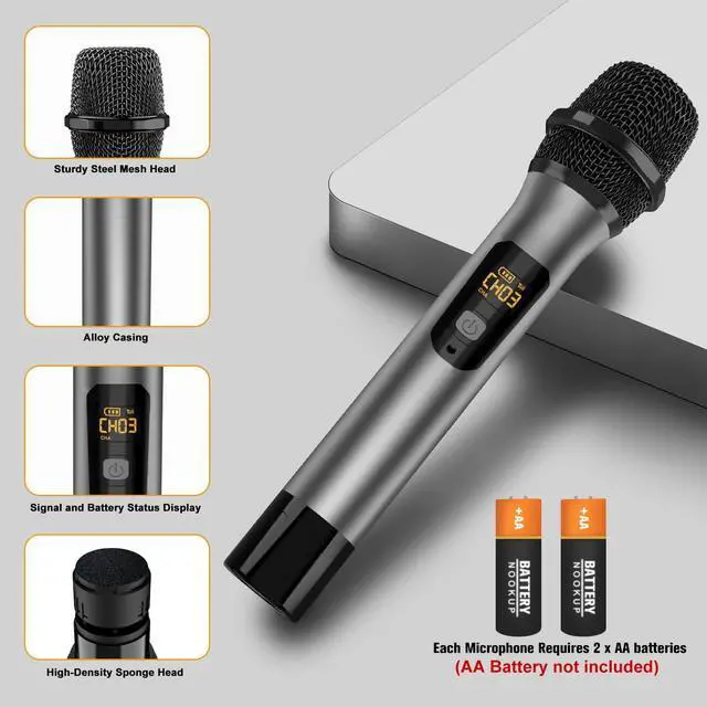 Alt view image 7 of 7 - Wireless Microphone, UHF Cordless Dual Handheld Dynamic Mic Set with Rechargeable Receiver, for Karaoke Party, Voice Amplifier, PA System, Singing Machine, Church, Wedding, Meeting, 200ft (WM-2)