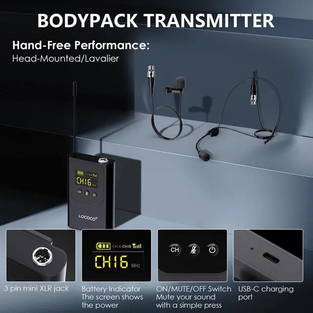 Alt view image 5 of 7 - UHF Wireless Microphone System Set: Metal Cordless Handheld/Headset/Lavalier Lapel Mics, Bodypack Transmitter, Receiver - 2*15 Channels 200ft Range for Church, Karaoke Singing, DJ, Wedding, Speech