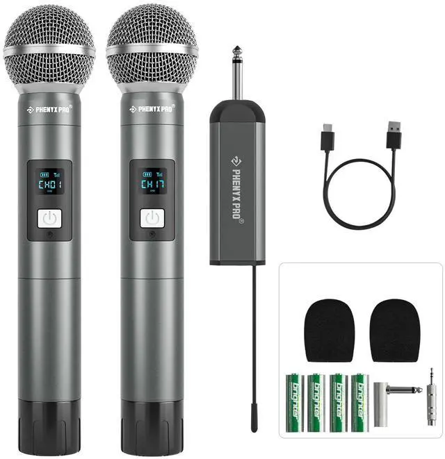 Main image of Dual Digital Wireless Microphone System, w/2 Handheld Dynamic Microphones,15 UHF Frequency Groups, Mini Receiver, Metal Cordless Mic for Karaoke,Church,DJ,Singing (PDP-2-2H)