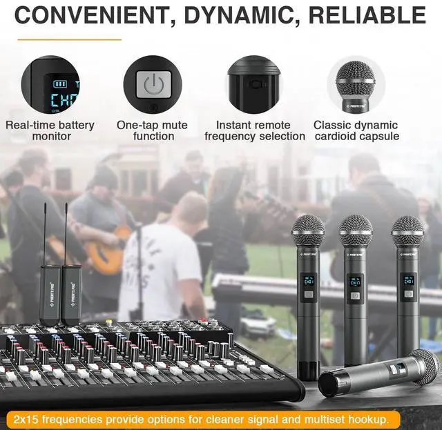 Alt view image 4 of 6 - Dual Digital Wireless Microphone System, w/2 Handheld Dynamic Microphones,15 UHF Frequency Groups, Mini Receiver, Metal Cordless Mic for Karaoke,Church,DJ,Singing (PDP-2-2H)