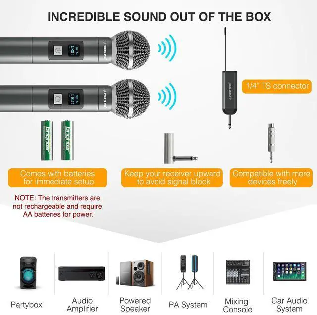 Alt view image 6 of 6 - Dual Digital Wireless Microphone System, w/2 Handheld Dynamic Microphones,15 UHF Frequency Groups, Mini Receiver, Metal Cordless Mic for Karaoke,Church,DJ,Singing (PDP-2-2H)