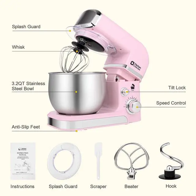 Alt view image 3 of 7 - Stand Mixer,3.2Qt Small Electric Food Mixer,6 Speeds Portable Lightweight Kitchen Mixer for Daily Use with Egg Whisk,Dough Hook,Flat Beater (Pink)