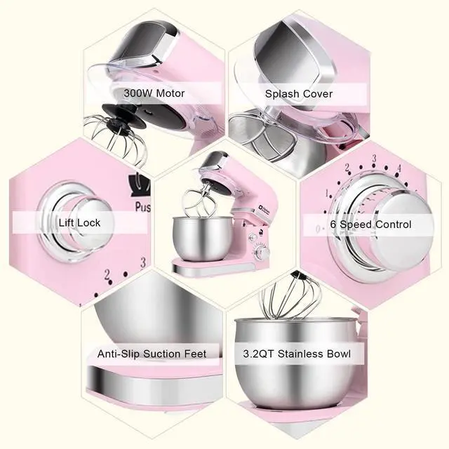 Alt view image 6 of 7 - Stand Mixer,3.2Qt Small Electric Food Mixer,6 Speeds Portable Lightweight Kitchen Mixer for Daily Use with Egg Whisk,Dough Hook,Flat Beater (Pink)