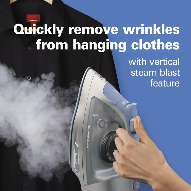 Alt view image 5 of 5 - Steam Iron & Vertical Steamer for Clothes with Scratch-Resistant Durathon Soleplate, 8' Retractable Cord, 3-Way Auto Shutoff, Anti-Drip, 1800 Watts, Silver and Blue